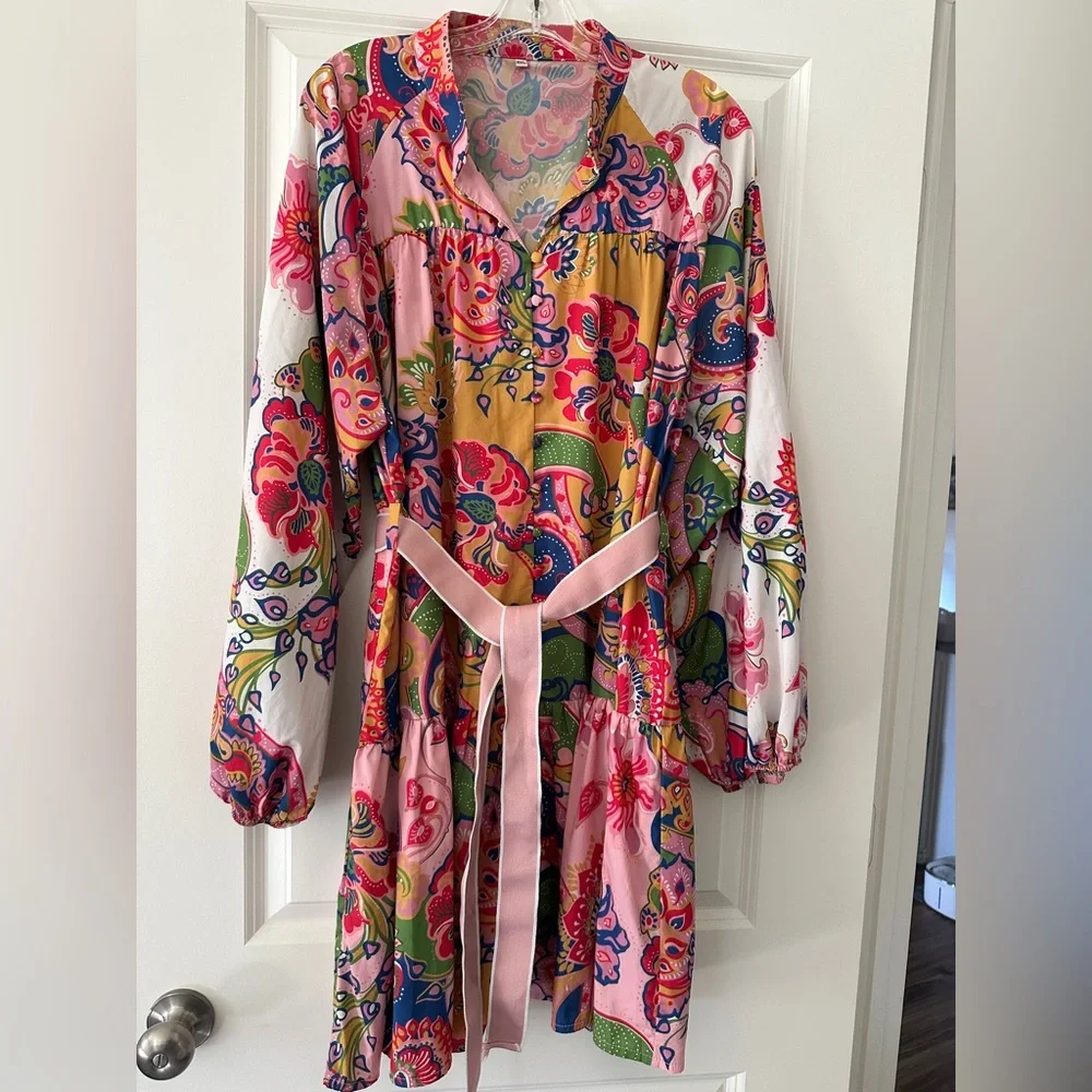 Floral Long Sleeve Dress - Pink and Multicolor - Picture 2 of 12